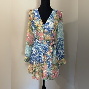 Saturday Club Floral‎ Print Multicolored Midi Dress V Neck Long Sleeve Size S